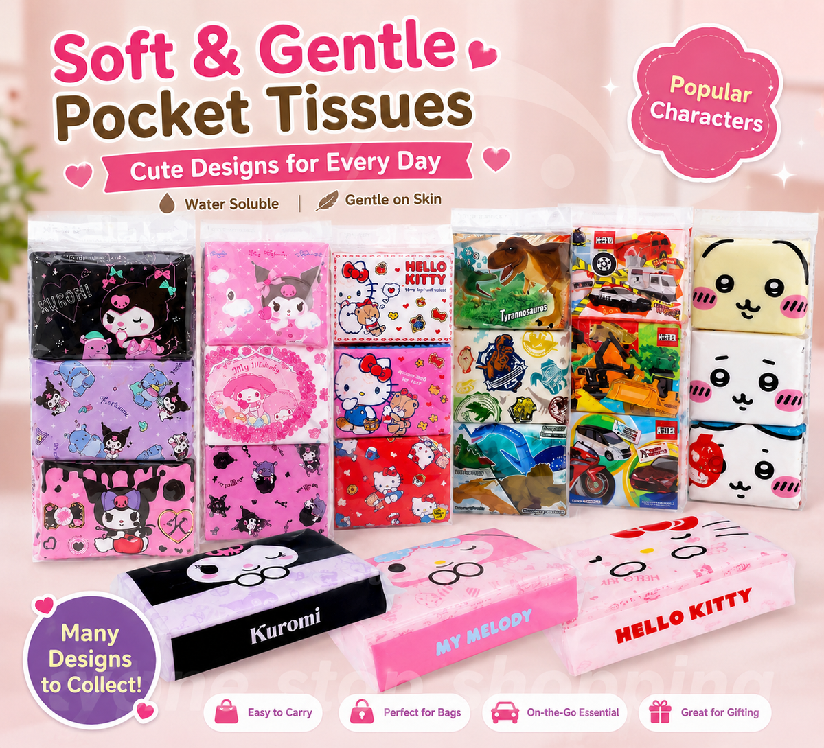 Sanrio cute cartoon star Flushable pocket tissue 16 sheets/pack*9 pack ,bagged tissues 200 pieces ,Toilet Paper