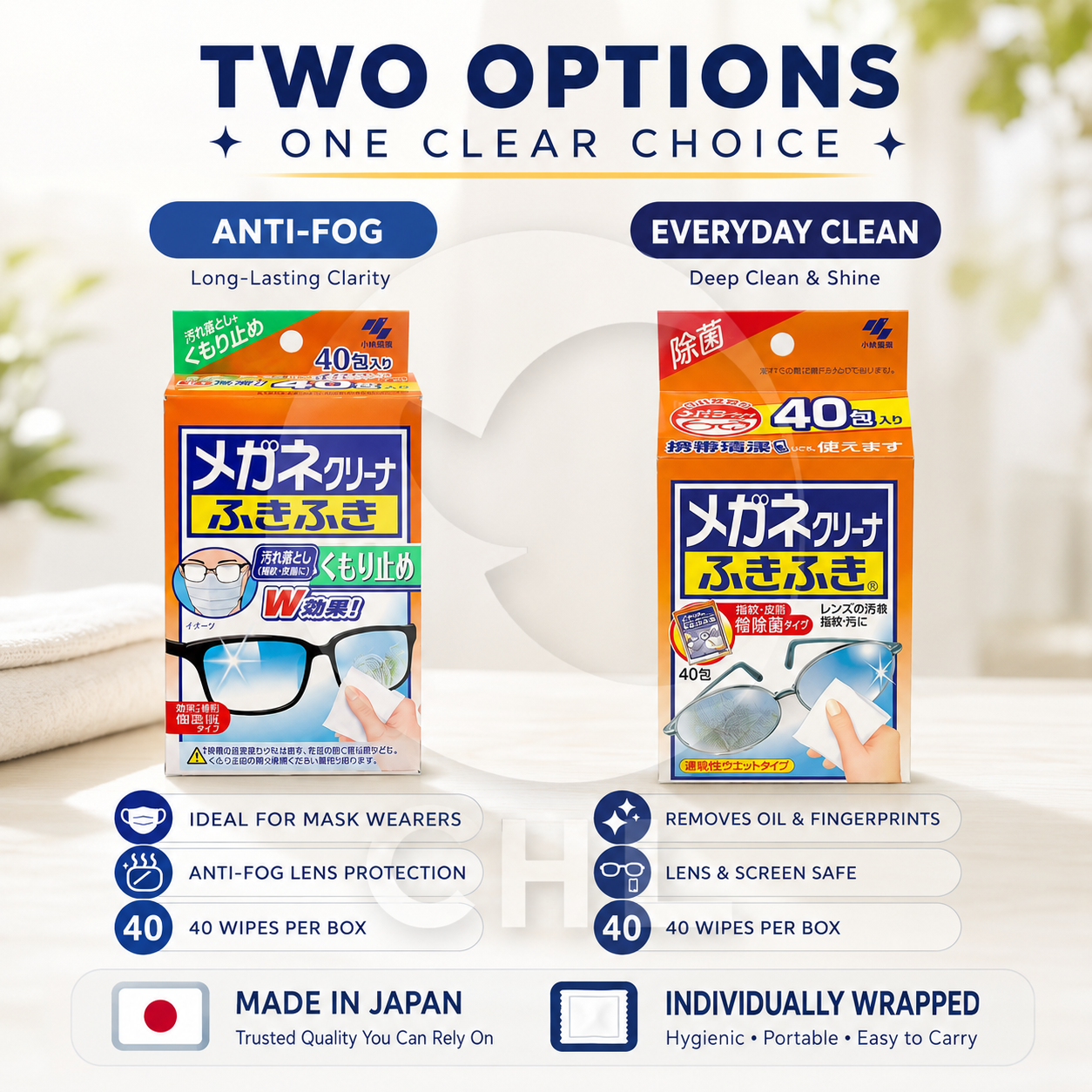 Kobayashi Pharmaceutical Japan-made glasses cleaning wipes 40 pieces, glasses cleaner, mobile phone cleaner, glasses peripheral cleaning supplies