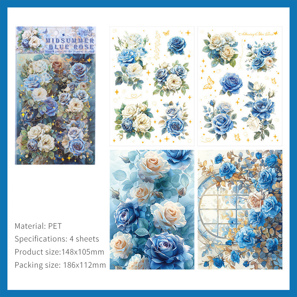 Rose blossoms handbook material stickers embossed gold foil waterproof decorative stickers material package