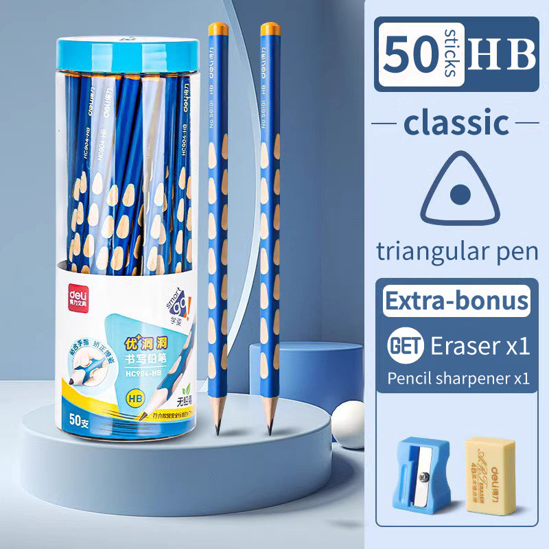 Deli Big Triangular Pole Positive Posture Practicing Words Hole Pencil Thick Rod HB / 2B Regular Type Extra Thick Type Free Exclusive Pencil Sharpener + Eraser Practice Handwriting Grip Pen - CHL-STORE