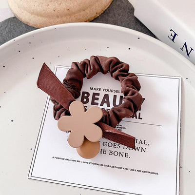 High elastic tail simple large intestine hair band black flower coffee flower coffee three beads popular accessories bun styling rubber band hair accessories - CHL-STORE