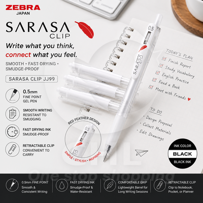 Zebra Sarasa Klip JJ99-BK 0.5mm Kırmızı Tüy Jel Kalem Beyaz Şaft Beyaz Şaft Siyah Mürekkep Yeşil Kalem Tutucu