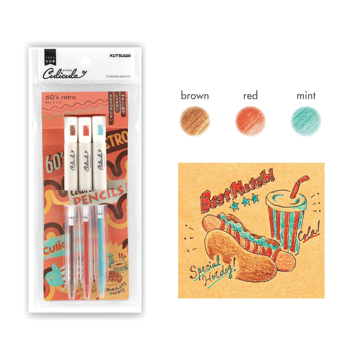 Color pencil KUTSUWA Culiculi Japan Rotary type painting 3 colors without sharpener DE001 - CHL-STORE