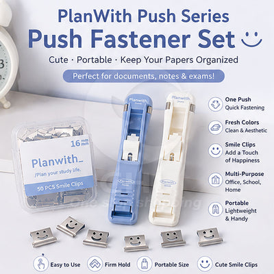 PlanWith Push Series Clip Pusher Fresh and Portable Paper Binding Organizing Push Clip and Clip Pusher Set Smiling Metal Small Clip