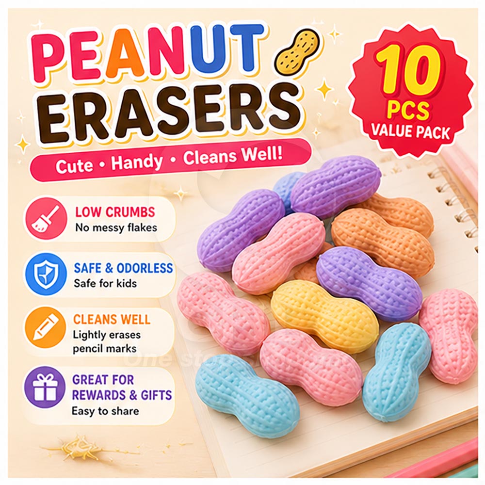 Peanut Shaped Erasers – 10-Pack, Cute, Low-Dust, Safe & Odor-Free
