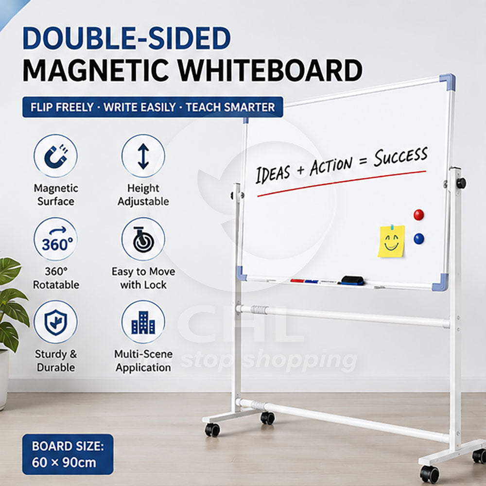Reversible Magnetic Whiteboard: Mobile & Adjustable 60x90cm