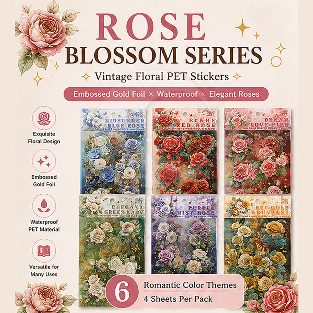 Rose blossoms handbook material stickers embossed gold foil waterproof decorative stickers material package