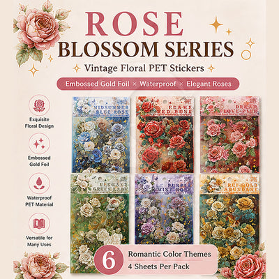 Rose blossoms handbook material stickers embossed gold foil waterproof decorative stickers material package