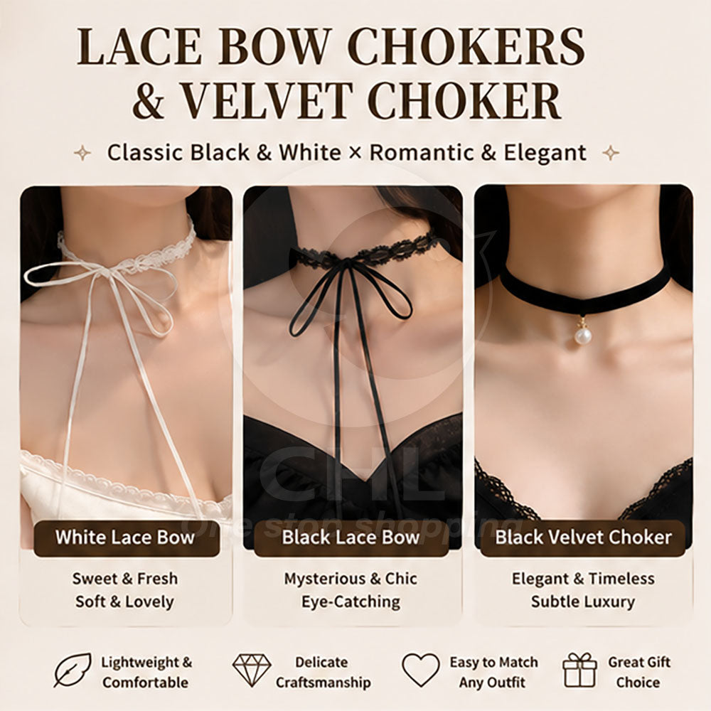 Lace Bow & Velvet Necklace | Black & White All-Match | Elegant Lace Scarf Style Choker
