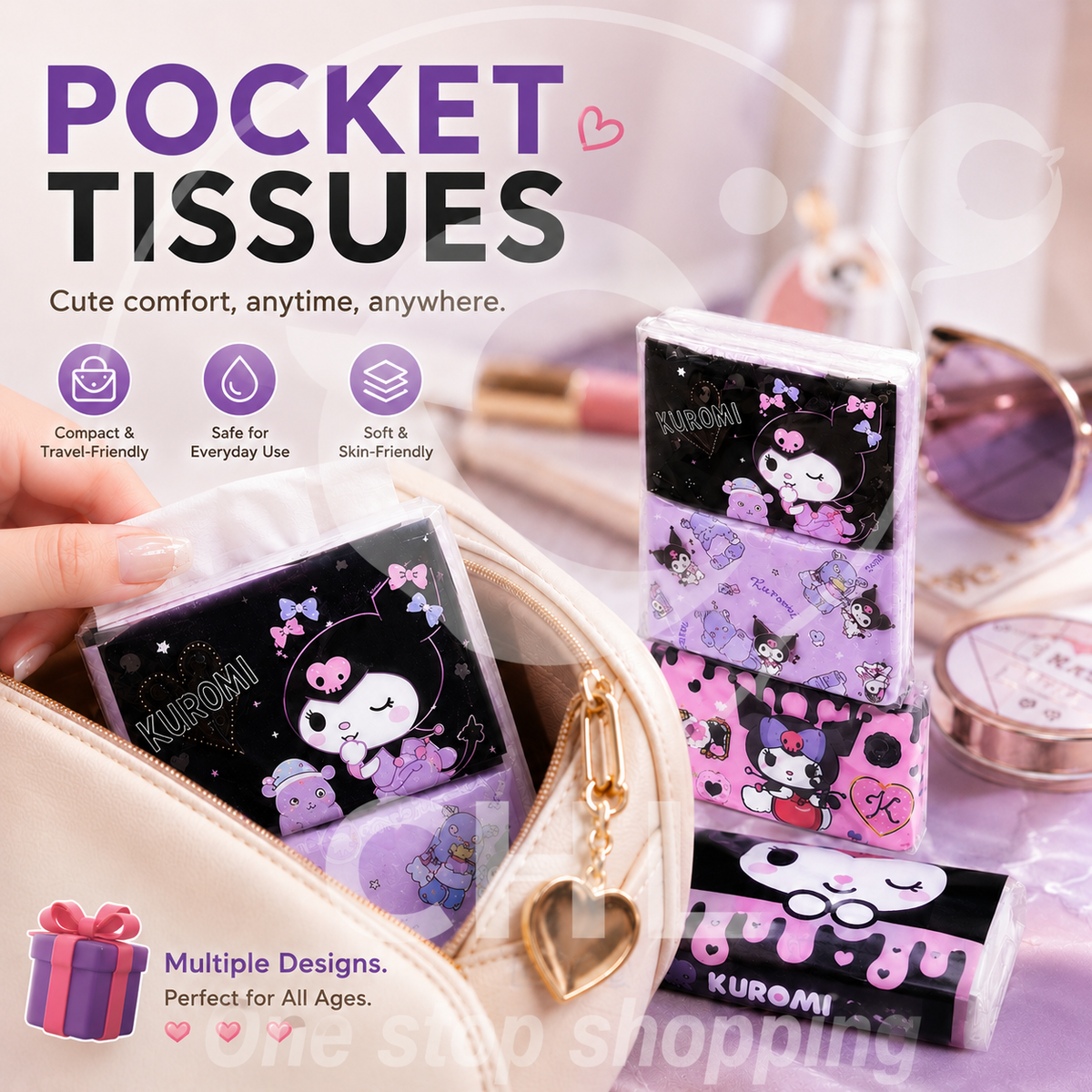 Sanrio cute cartoon star Flushable pocket tissue 16 sheets/pack*9 pack ,bagged tissues 200 pieces ,Toilet Paper
