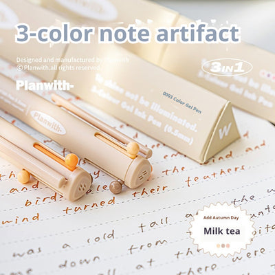 Planwith Sign triangular multi-color pen white milk tea blue pen barrel 3-color matching imported ink 0.5mm press 3-color gel pen