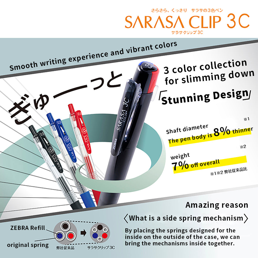 (Pre-Order) ZEBRA SARASA CLIP 3C 0.4 0.5 mm 3-color gel pen ballpoint pen Japanese textured stationery