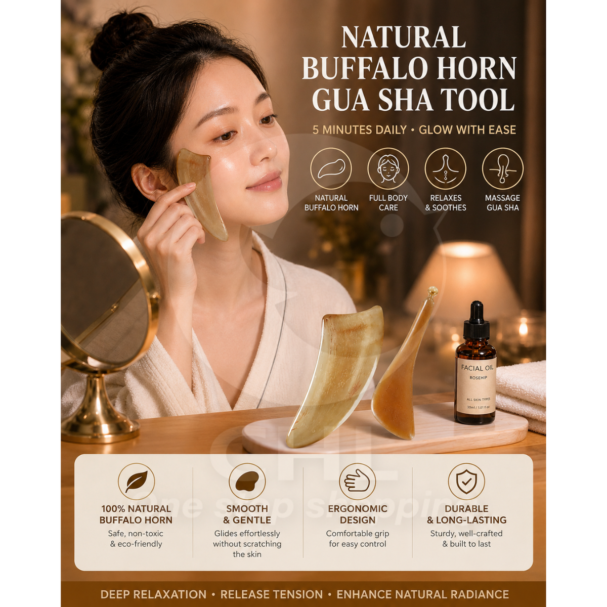 Natural Ox Horn Gua Sha Board – Full Body Massage Tool for Face, Neck, and Shoulders