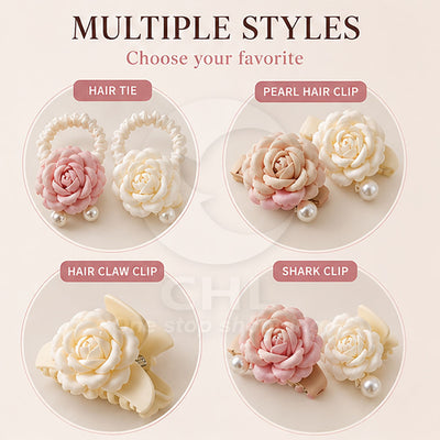 Elegant Camellia Collection: Pearl Clips & Grippers Hair Set