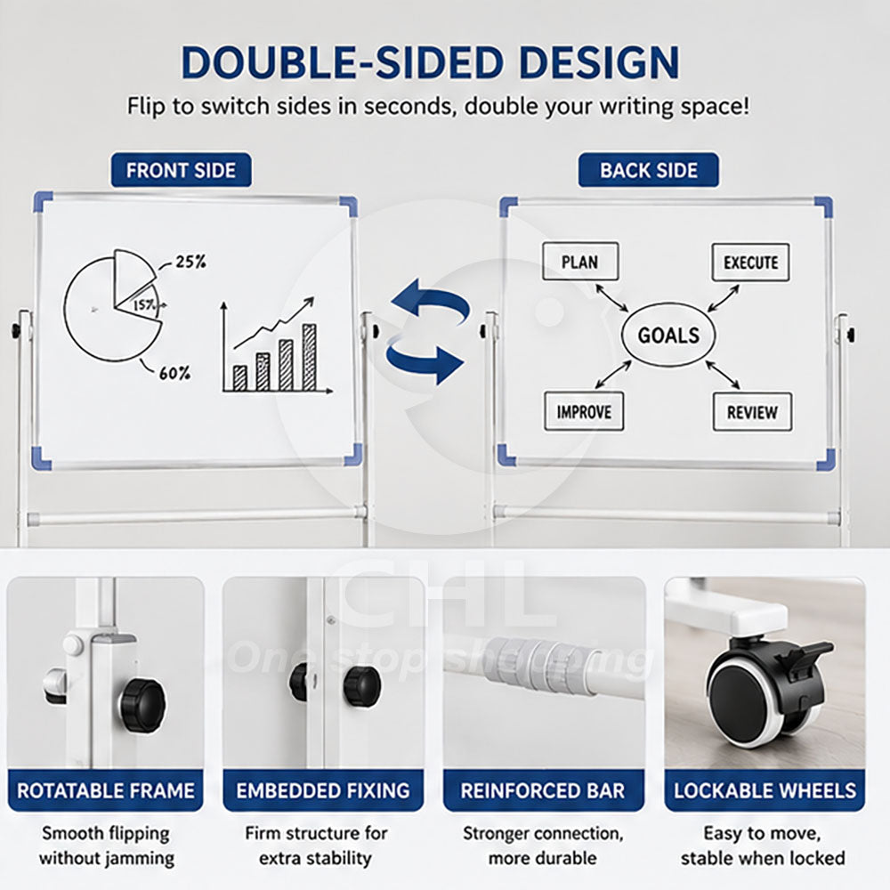 Reversible Magnetic Whiteboard: Mobile & Adjustable 60x90cm
