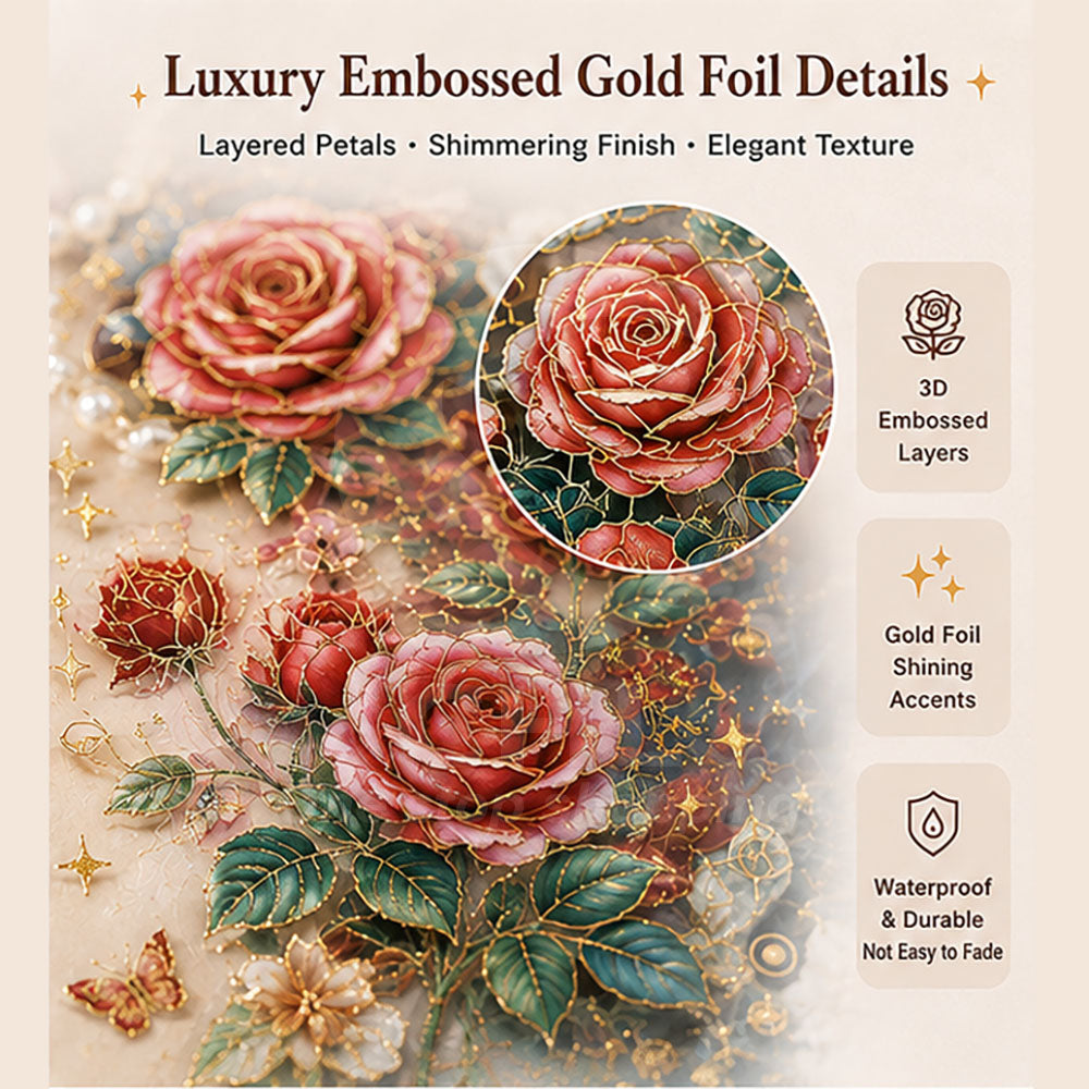 Rose blossoms handbook material stickers embossed gold foil waterproof decorative stickers material package