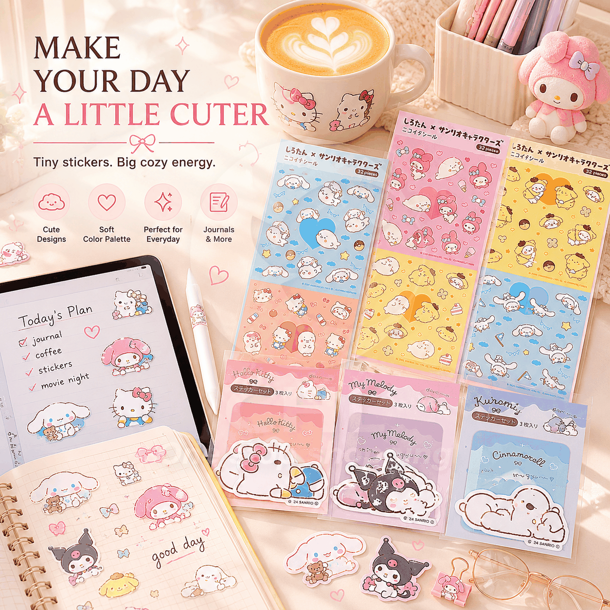 Sanrio 2024 Limited Sticker Set Dararin Life Decorative Stickers Cute New Life Series Kuromi, etc.
