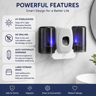 UV Sterilization Toothbrush Holder | Wall-Mounted, Punch-Free | Toothpaste Dispenser & Long Battery Life