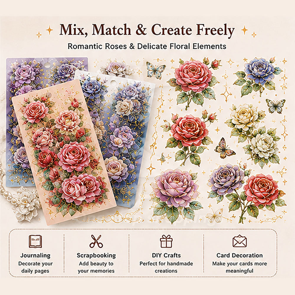 Rose blossoms handbook material stickers embossed gold foil waterproof decorative stickers material package