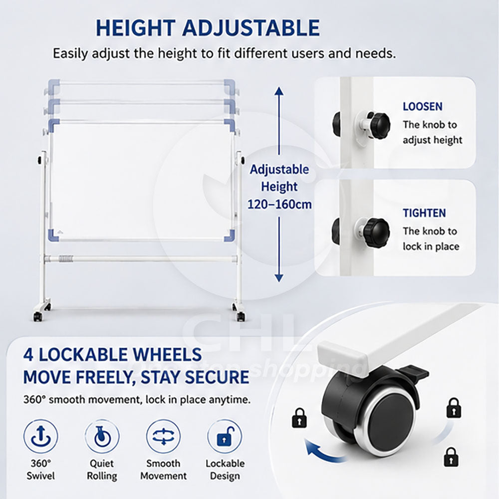 Reversible Magnetic Whiteboard: Mobile & Adjustable 60x90cm