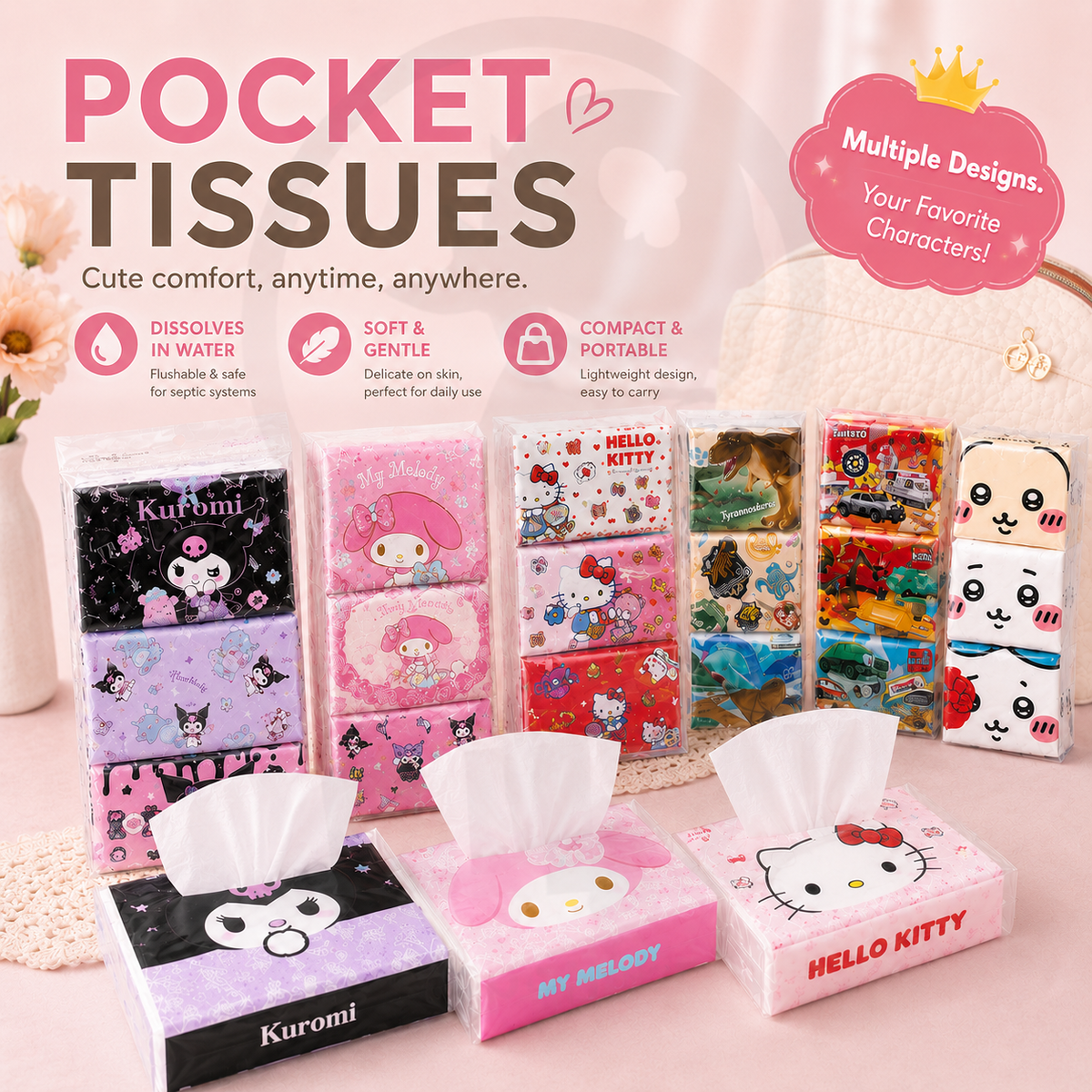Sanrio cute cartoon star Flushable pocket tissue 16 sheets/pack*9 pack ,bagged tissues 200 pieces ,Toilet Paper