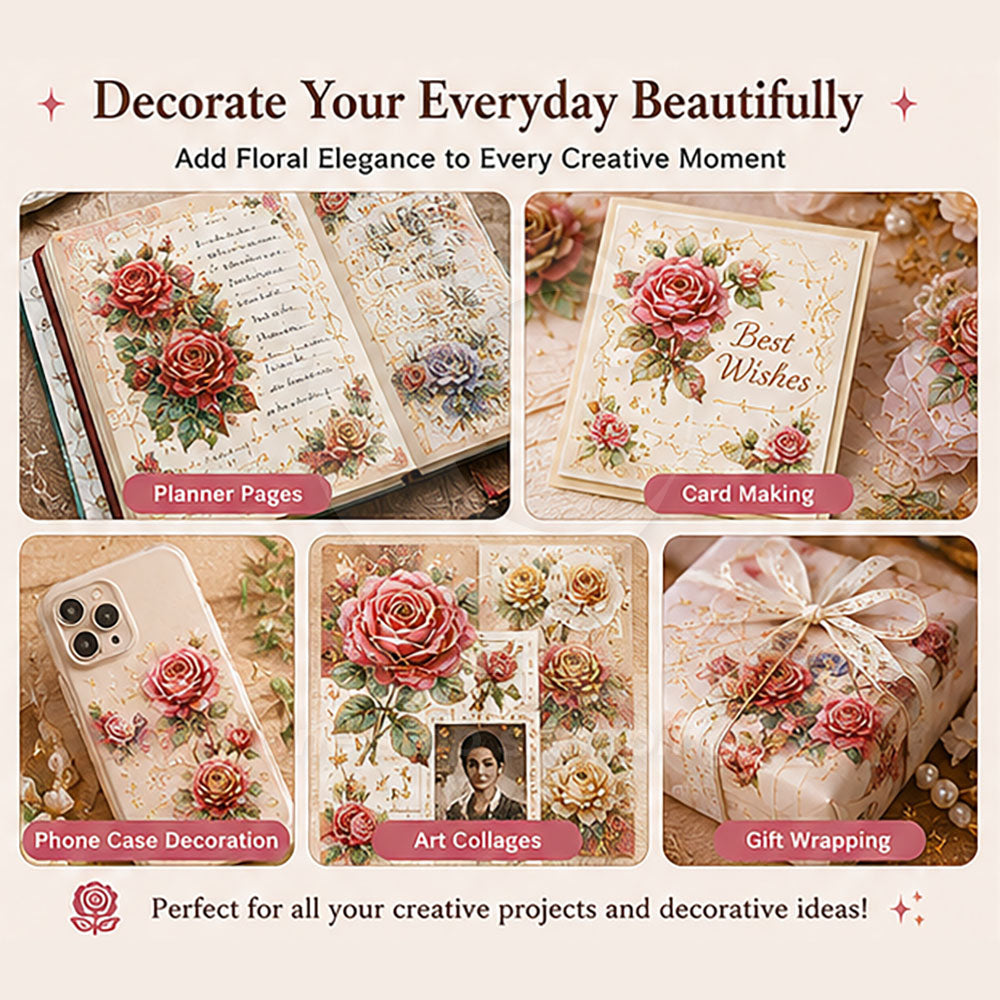Rose blossoms handbook material stickers embossed gold foil waterproof decorative stickers material package