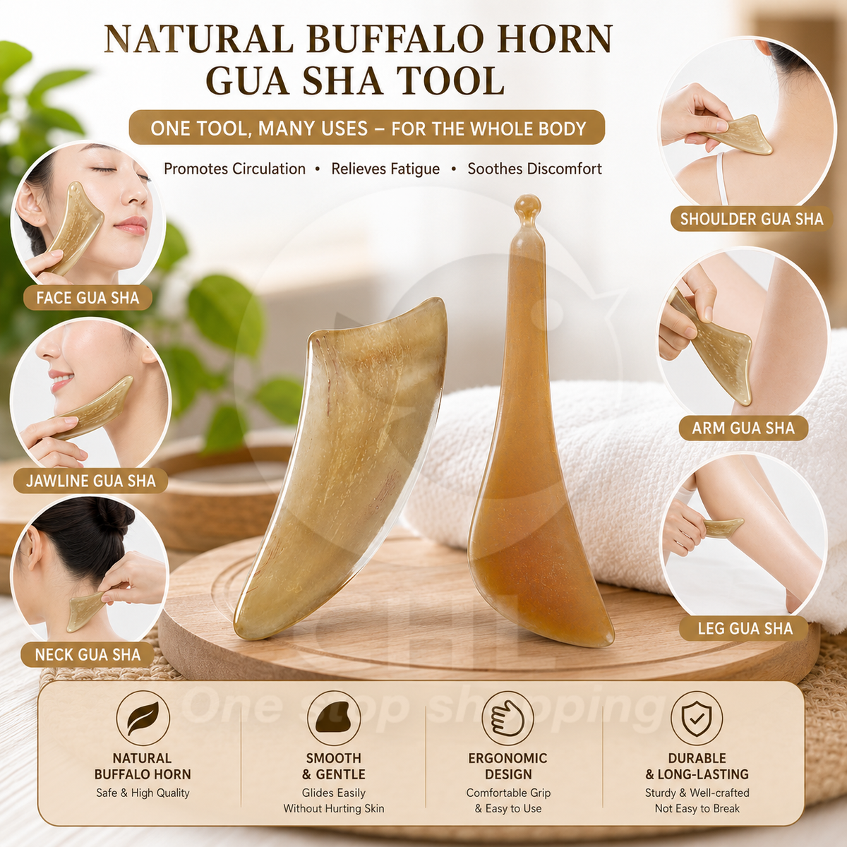 Natural Ox Horn Gua Sha Board – Full Body Massage Tool for Face, Neck, and Shoulders
