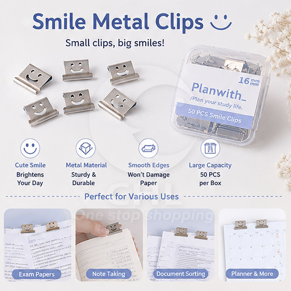 PlanWith Push Series Clip Pusher Fresh and Portable Paper Binding Organizing Push Clip and Clip Pusher Set Smiling Metal Small Clip