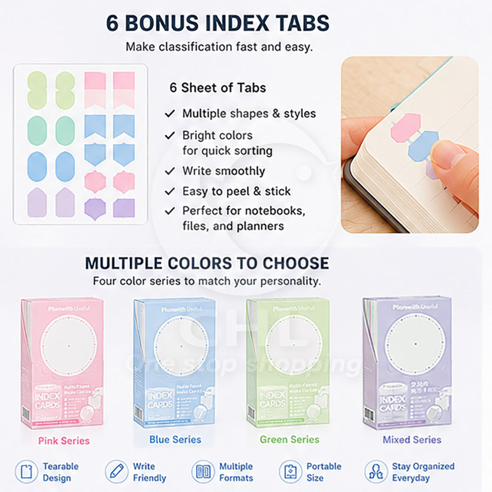 Planwith Useful Index Tab Set – Tear-Off Cards with Sticky Tabs for Study & Planning