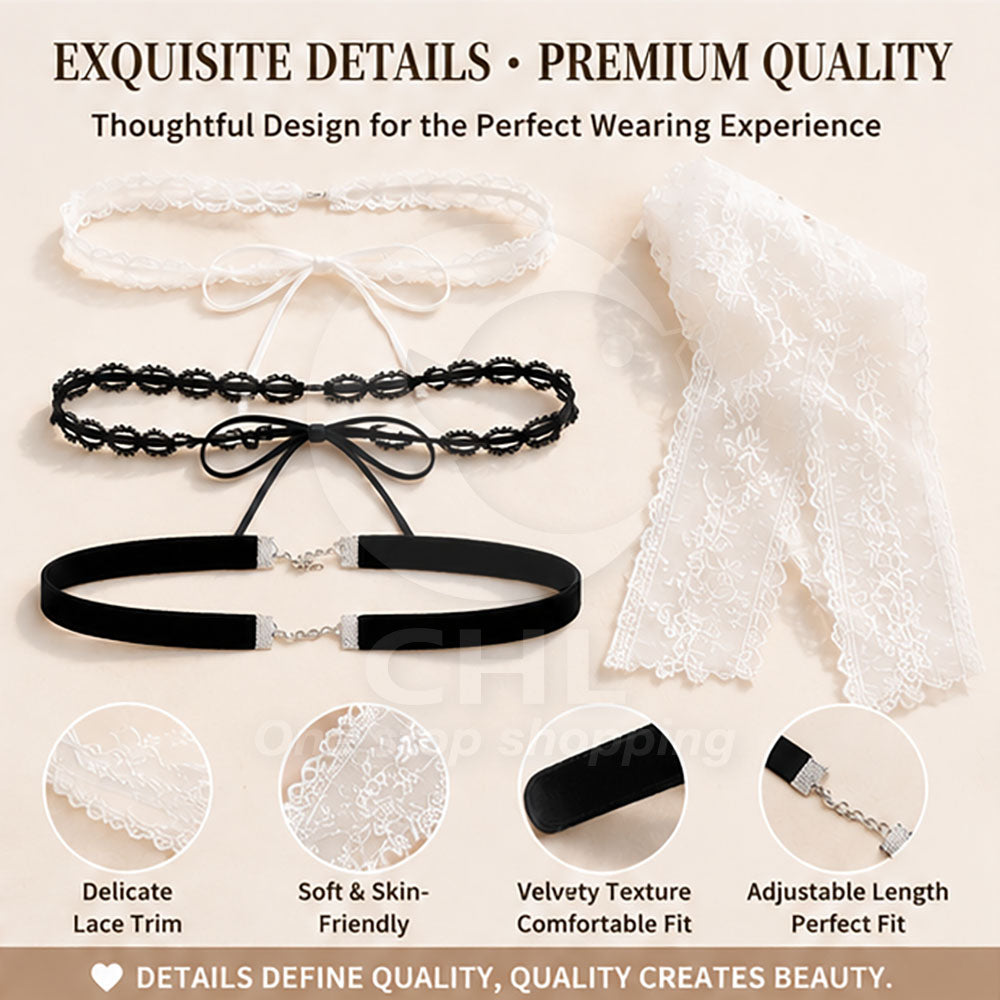 Lace Bow & Velvet Necklace | Black & White All-Match | Elegant Lace Scarf Style Choker