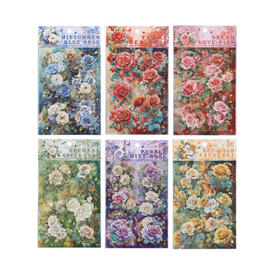 Rose blossoms handbook material stickers embossed gold foil waterproof decorative stickers material package