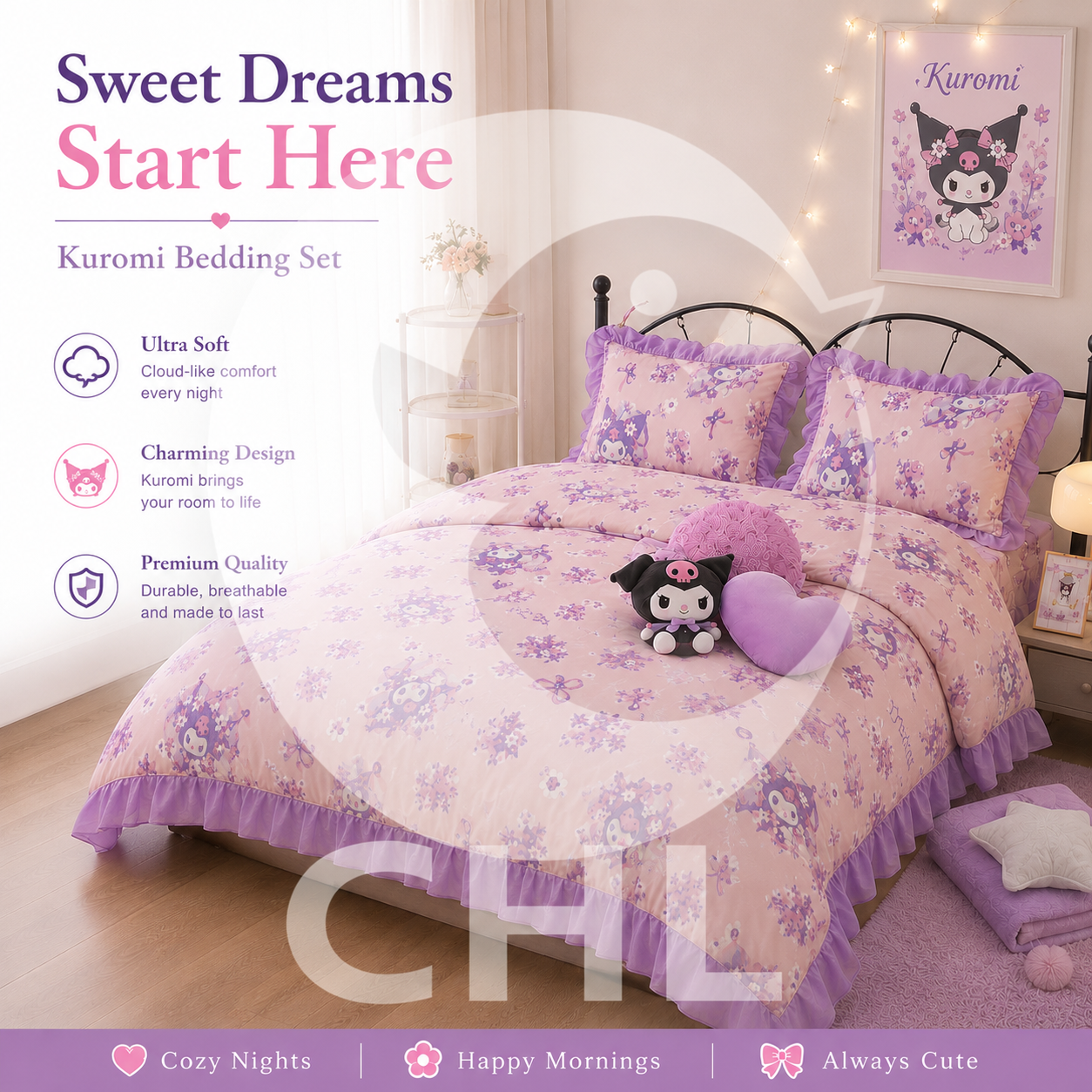Sanrio Sanrio ruffled duvet cover 3-piece set Kuromi My Melody Cinnamoroll bed cover bed cover warm and cute room decoration bedroom