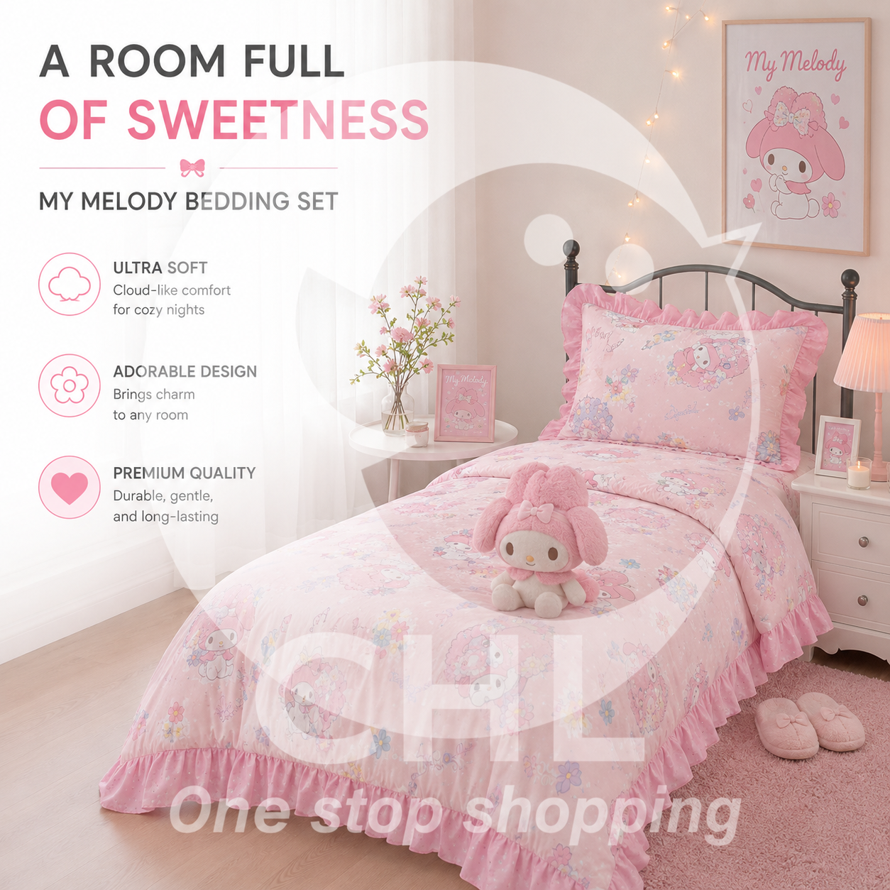 Sanrio Sanrio ruffled duvet cover 3-piece set Kuromi My Melody Cinnamoroll bed cover bed cover warm and cute room decoration bedroom