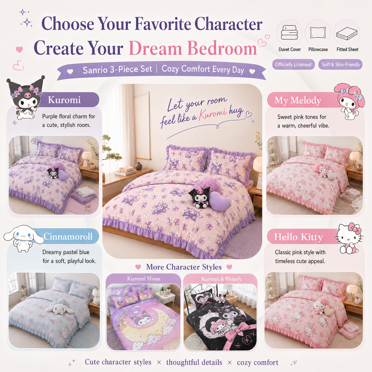 Sanrio Sanrio ruffled duvet cover 3-piece set Kuromi My Melody Cinnamoroll bed cover bed cover warm and cute room decoration bedroom
