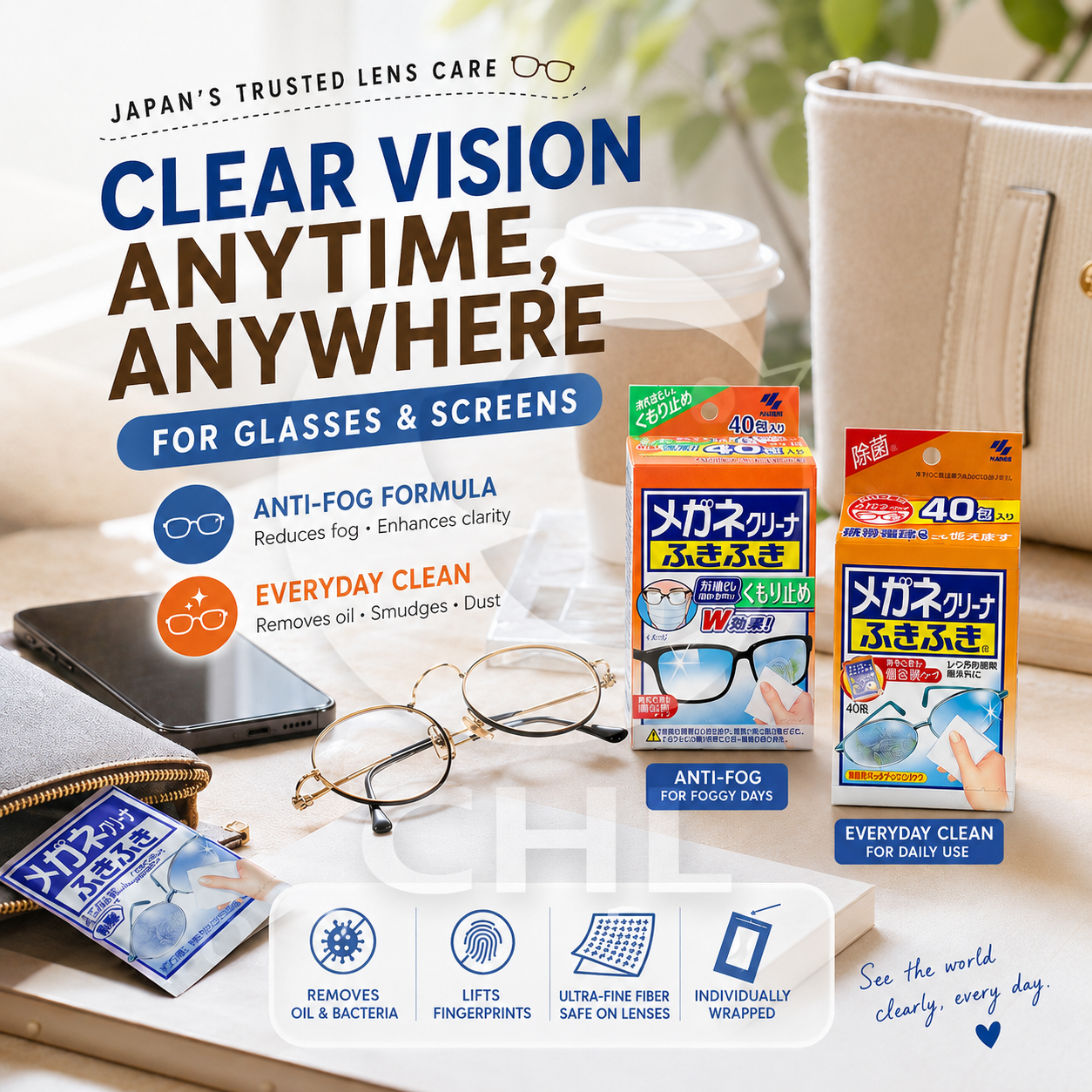Kobayashi Pharmaceutical Japan-made glasses cleaning wipes 40 pieces, glasses cleaner, mobile phone cleaner, glasses peripheral cleaning supplies