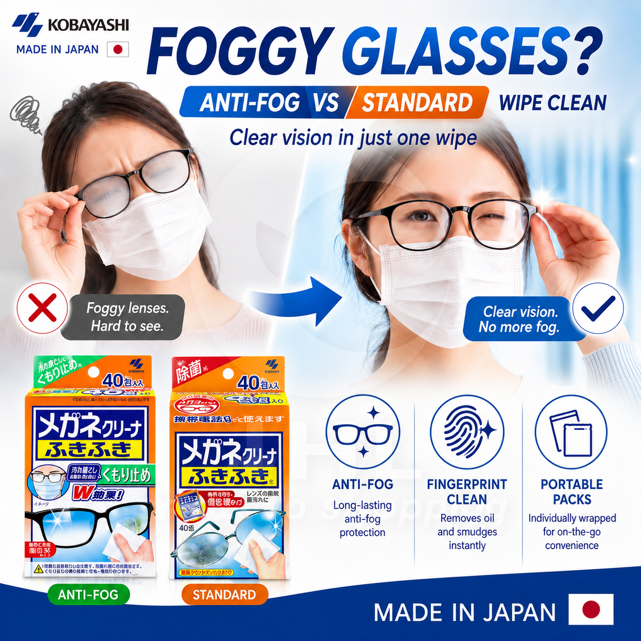 Kobayashi Pharmaceutical Japan-made glasses cleaning wipes 40 pieces, glasses cleaner, mobile phone cleaner, glasses peripheral cleaning supplies