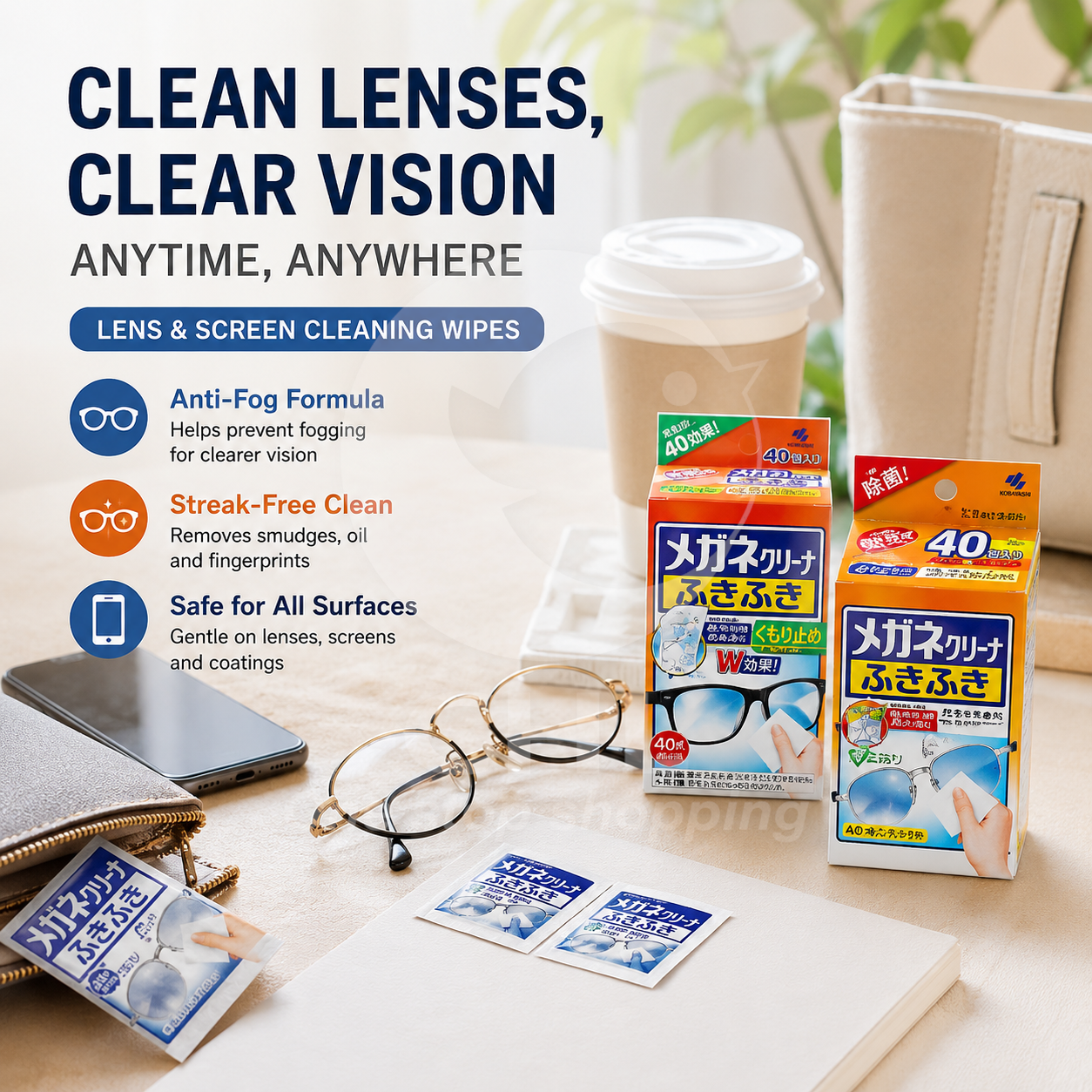 Kobayashi Pharmaceutical Japan-made glasses cleaning wipes 40 pieces, glasses cleaner, mobile phone cleaner, glasses peripheral cleaning supplies