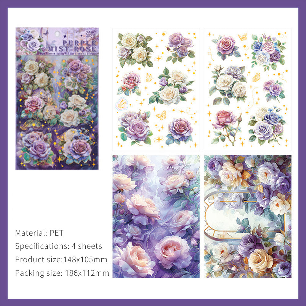 Rose blossoms handbook material stickers embossed gold foil waterproof decorative stickers material package