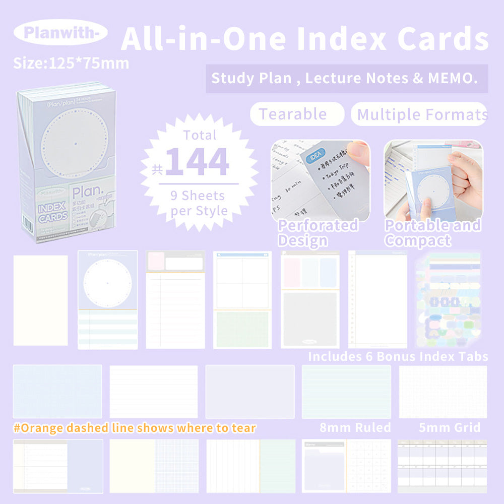 Planwith Useful Index Tab Set – Tear-Off Cards with Sticky Tabs for Study & Planning