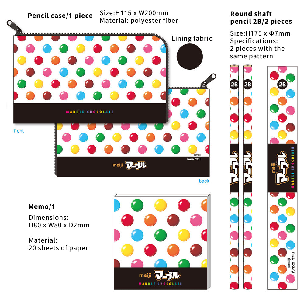 Sakamoto funbox snack series, 3-piece stationery set, 1 pencil case, 2 round pencils, 1 memo, Meiji chocolate, Nissin chicken ramen