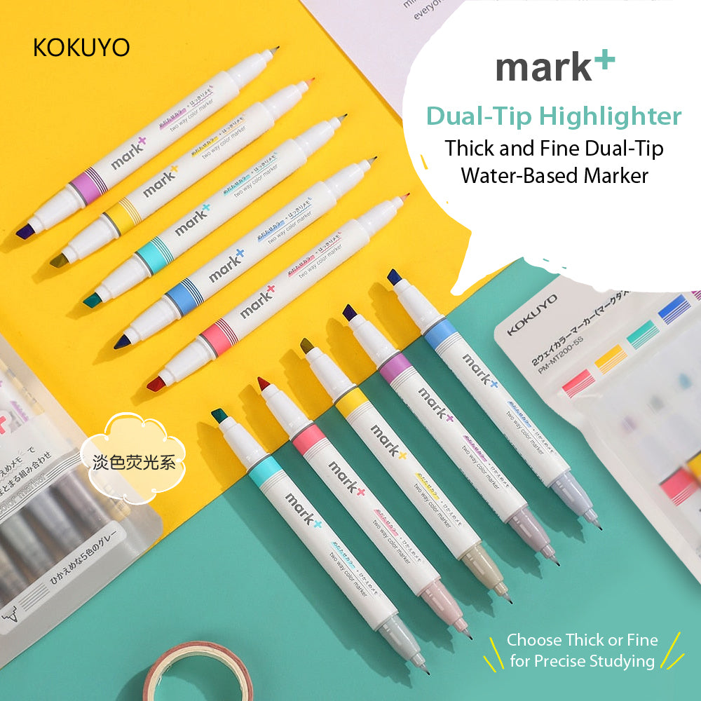 KOKUYO Smoke Gray Thin Tip + Double Tip Highlighter Five-color Set MARK+ Highlighter PM-MT201-5S - CHL-STORE 