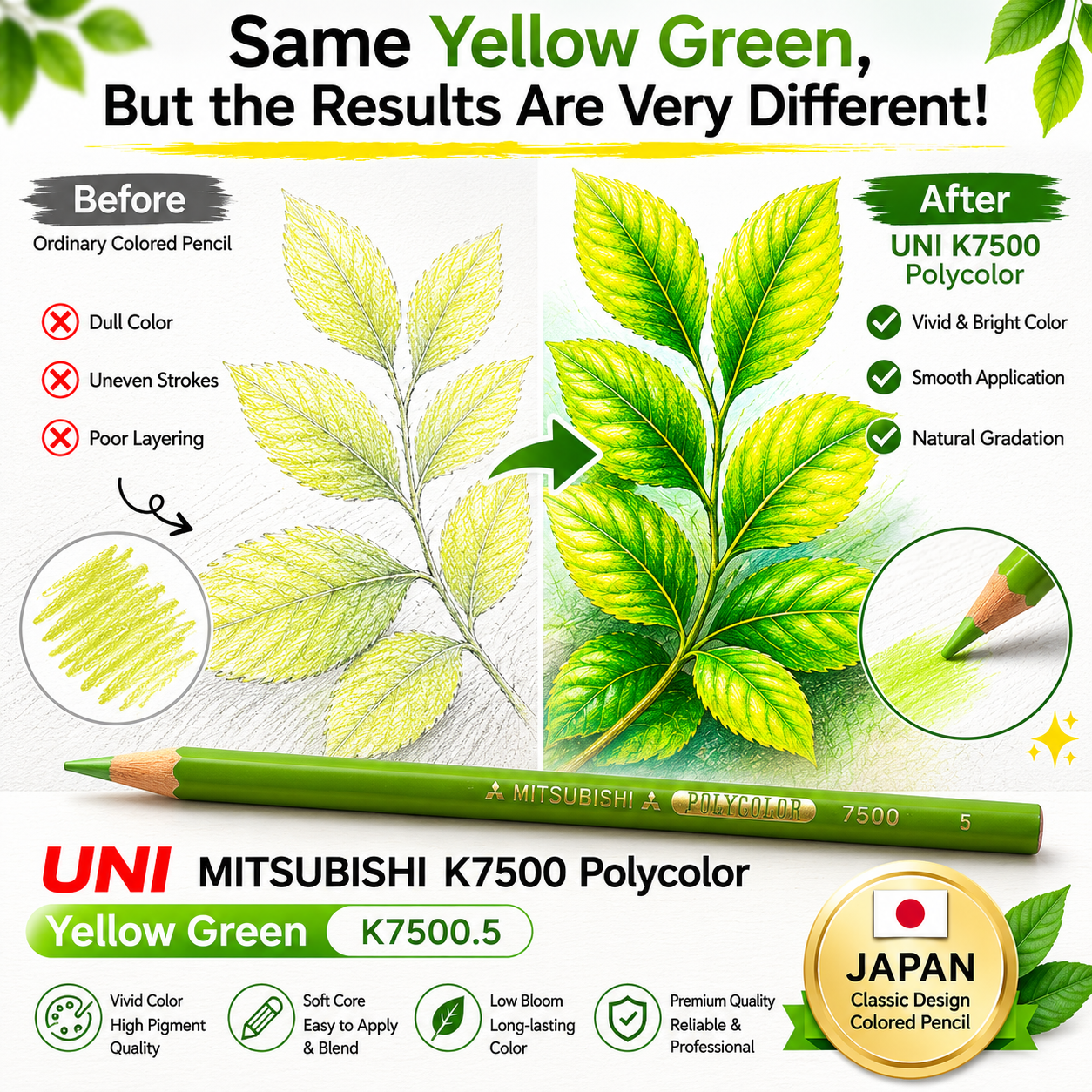 Uni K7500 Soft Sketch Design สีพื้นฐาน Polycolor สีเหลืองสีเขียว K7500.5