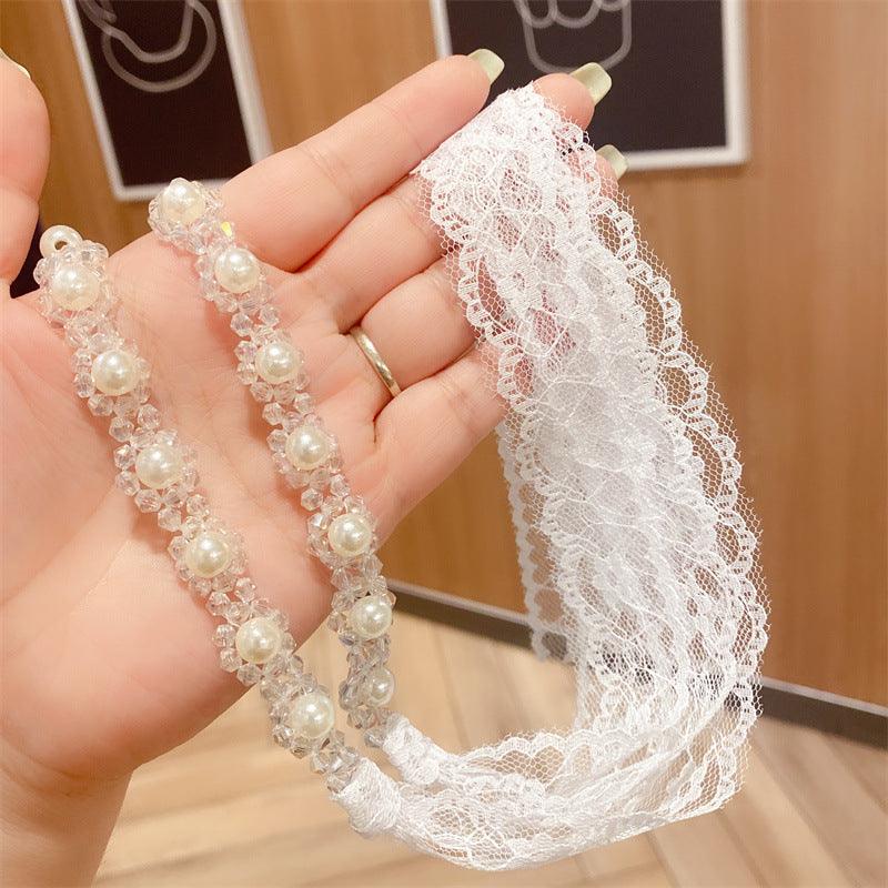 Braided hair ribbon, pearl floral silk scarf headband, sweet crystal pearl hair bow headband, floral lace, popular hair accessories, hair styling - CHL-STORE 