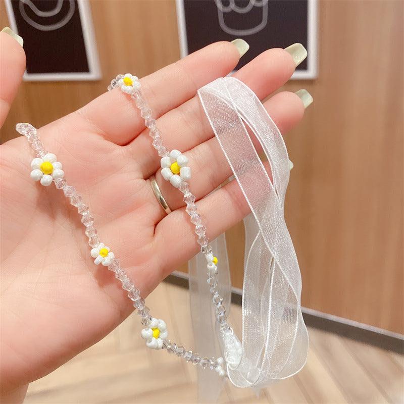 Braided hair ribbon, pearl floral silk scarf headband, sweet crystal pearl hair bow headband, floral lace, popular hair accessories, hair styling - CHL-STORE 