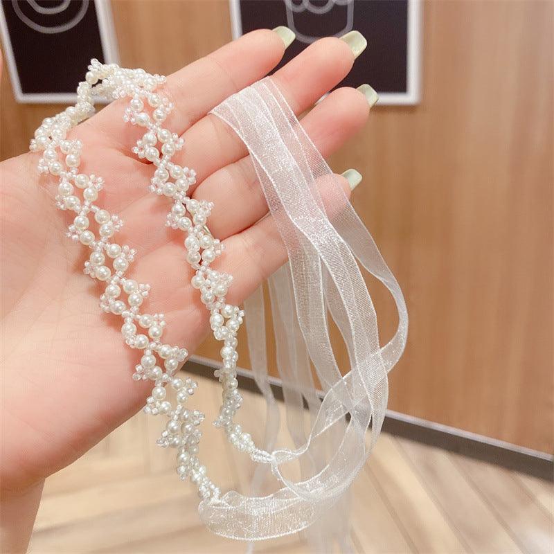 Braided hair ribbon, pearl floral silk scarf headband, sweet crystal pearl hair bow headband, floral lace, popular hair accessories, hair styling - CHL-STORE 