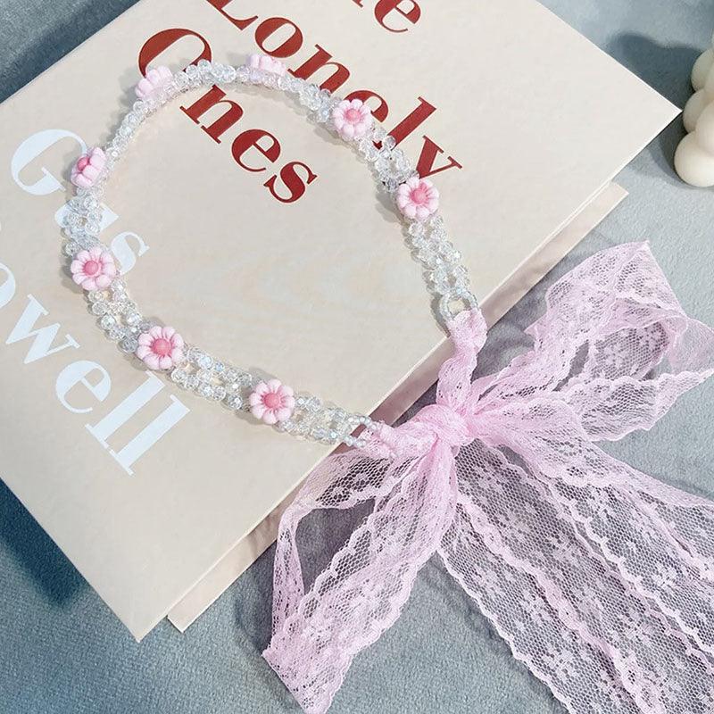 Braided hair ribbon, pearl floral silk scarf headband, sweet crystal pearl hair bow headband, floral lace, popular hair accessories, hair styling - CHL-STORE 