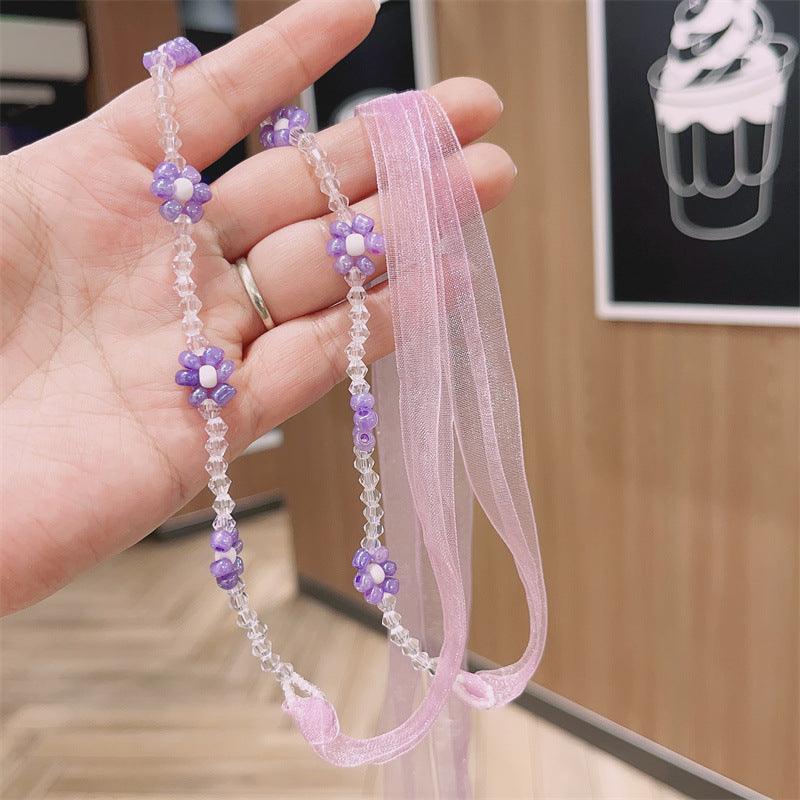 Braided hair ribbon, pearl floral silk scarf headband, sweet crystal pearl hair bow headband, floral lace, popular hair accessories, hair styling - CHL-STORE 