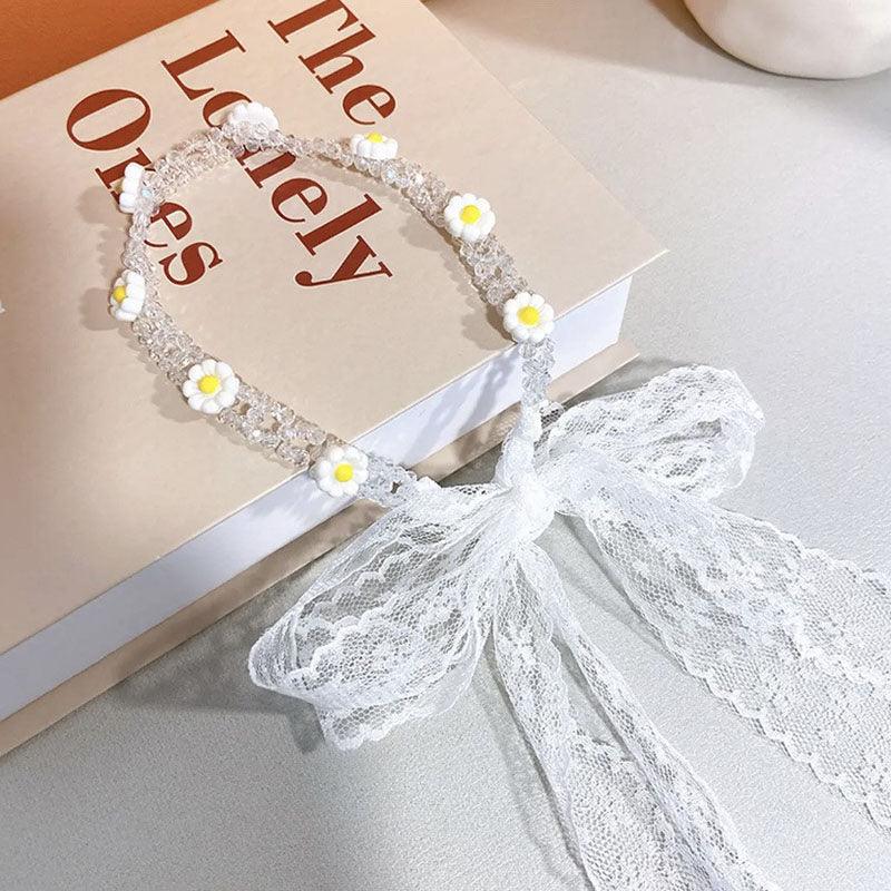 Braided hair ribbon, pearl floral silk scarf headband, sweet crystal pearl hair bow headband, floral lace, popular hair accessories, hair styling - CHL-STORE 