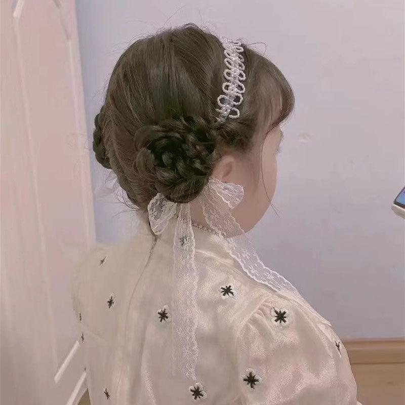 Braided hair ribbon, pearl floral silk scarf headband, sweet crystal pearl hair bow headband, floral lace, popular hair accessories, hair styling - CHL-STORE 