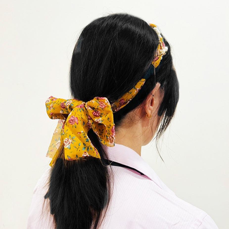 Braided hair ribbon, pearl floral silk scarf headband, sweet crystal pearl hair bow headband, floral lace, popular hair accessories, hair styling - CHL-STORE 